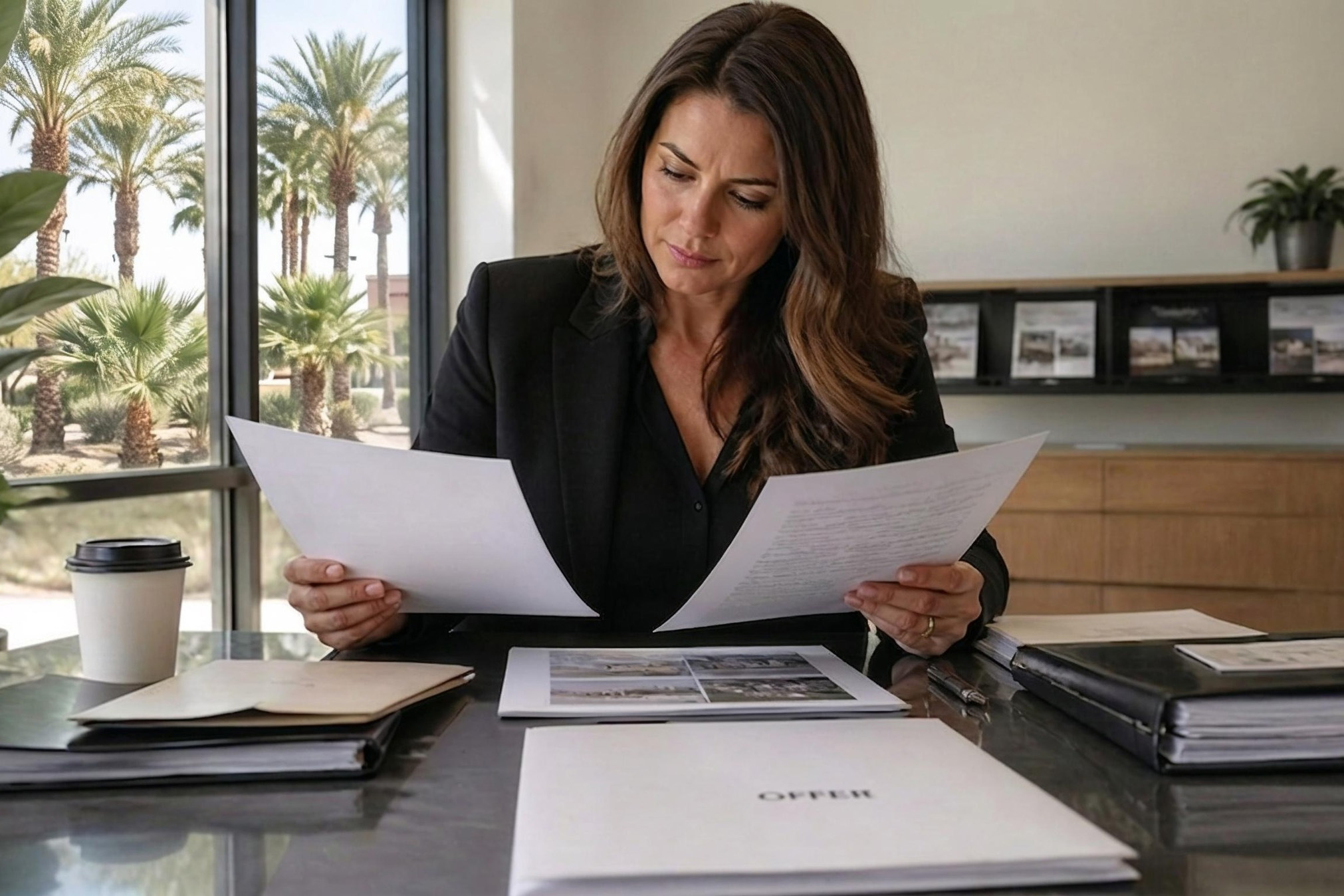 Las Vegas home seller reviewing multiple offers with a real estate agent